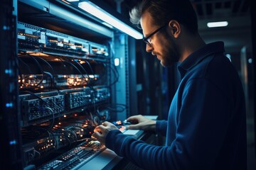 Poster - IT Engineer checking hardware servers at modern data centre.