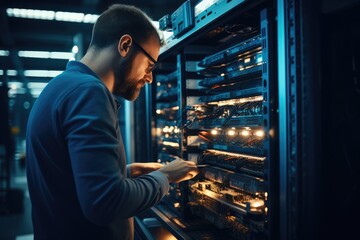 Poster - IT Engineer checking hardware servers at modern data centre.