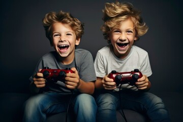 portrait of happy boys holding gamepad on grey background.