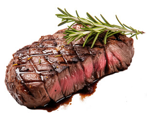 Close up of a red sliced juicy venison steak with riffles isolated on transparent background