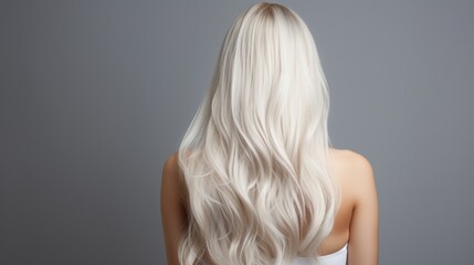 Wall Mural - A girl with long, wavy, white hair, seen from behind on grey background