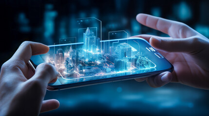 Wall Mural - hands holding smartphone with futuristic city hologram on screen 3d render