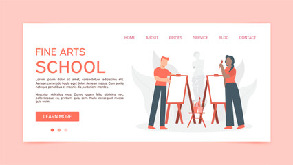 Illustration for the website of an art school in red and pink tones with two people with brushes and canvases