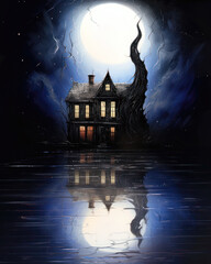 Wall Mural - Illustration of a haunted house in the moonlight, with a full moon