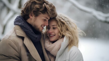 Wall Mural - a sweet young lover playing together in winter with snow. enjoy dating at Christmas. generative AI