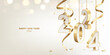 Happy New Year 2024. Decoration of golden white 3D hanging numbers with ribbons and confetti, holiday card design.