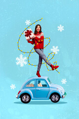 Poster - Vertical winter collage artwork of funky woman holding wrapped white gift box surprise transportation car delivery on blue snowy background