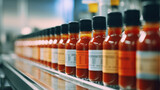 Fototapeta  - a production line in a factory where hot sauce bottles are being filled, sealed, and labeled. The machinery is inspecting the bottles on a conveyor beltBackground