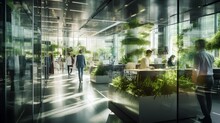 Green, Sustainable And Environmental Office Space With Daily Employee Rush. Modern And Nature Friendly Startup Business With ESG Standards And Care For Worker Wellness And Healthy Environment.