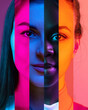 © Lustre Art Group  - We are one. Cropped by vertical position portraits of female different races faces isolated over multicolored neon backgrounds.
