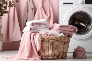 Wall Mural - Basket with dirty clothes near washing machines in laundry room