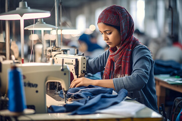 Woman from India sewing in a factory on developing country