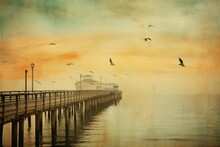 A Serene Scene: Pier At Sunset With Majestic Birds Soaring Above""