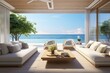 Beautiful oceanfront living room with open terrace in contemporary upscale beach house, perfect for large family - rendered image of residential property. Generative AI