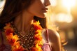 Close-up view of flower necklace Lei on a beautiful lady at sea beach. Summer tropical vacation concept.
