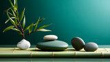 Polished stones in shades of green for Zen meditation. Space for text