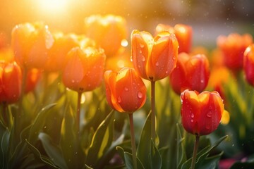 Wall Mural - Beautiful tulip at sunrise with variable colors in field in Spring. Spring seasonal concept.