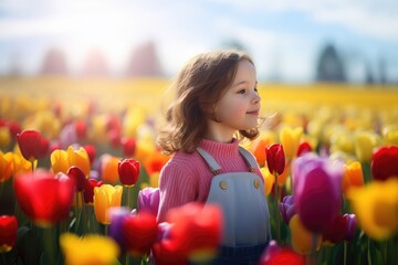 Wall Mural - A little girl stand in field of beautiful tulip with variable colors iin Spring. Spring seasonal concept.