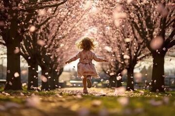 Wall Mural - A little girl playing in beautiful blooming cherry blossom woods with pink petals in air and on ground in Spring. Spring seasonal concept.