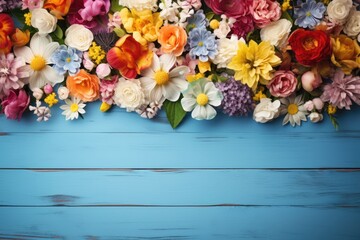 Wall Mural - Wild flower collected with variable colors on wood background in Spring. Space for text. Spring seasonal concept.