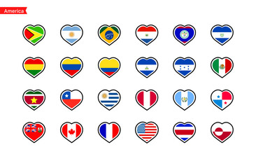 Flags of the countries of the America continent. Color flags of countries. Isolated hearts flags of America countries. Vector icons