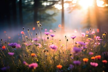 Wall Mural - Wild flower field in foggy forest at sunrise with variable colors in Spring. Spring seasonal concept.