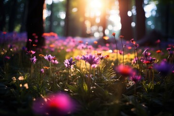 Wall Mural - Wild flower field in foggy forest at sunrise with variable colors in Spring. Spring seasonal concept.