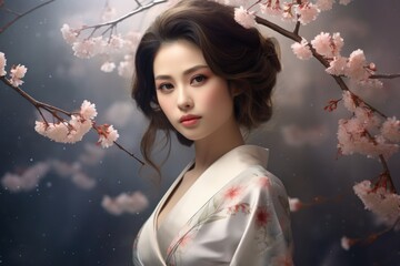 Wall Mural - Beautiful Japanese woman dressed in traditional Kimono in blooming cherry blossom woods in Spring. Spring seasonal concept.