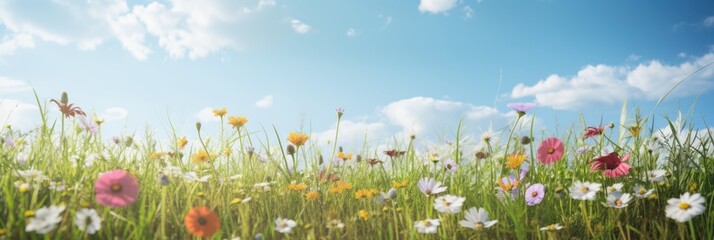 Wall Mural - Wild flower field in wild with variable colors in Spring. Spring seasonal concept.