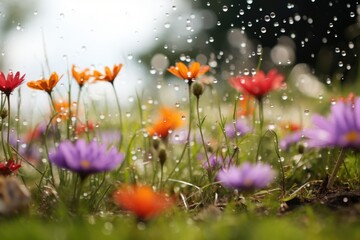 Wall Mural - Wild flower field in wild in rain with variable colors in Spring. Spring seasonal concept.