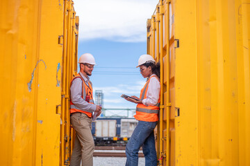 Wall Mural - Engineer under discussion inspection and checking construction process railway switch and checking work on railroad station .Engineer wearing safety uniform and safety helmet in work.