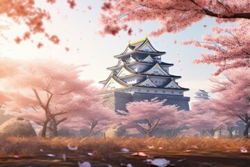 Wall Mural - Traditional Japanese style temple building in pink cherry blossom woods in Spring. Spring seasonal concept.