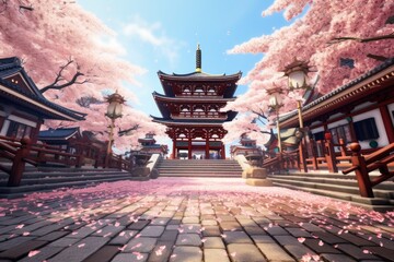 Wall Mural - Traditional Japanese style temple building in pink cherry blossom woods in Spring. Spring seasonal concept.