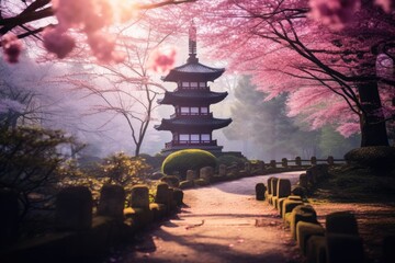 Wall Mural - Traditional Japanese style temple building in pink cherry blossom woods in Spring. Spring seasonal concept.