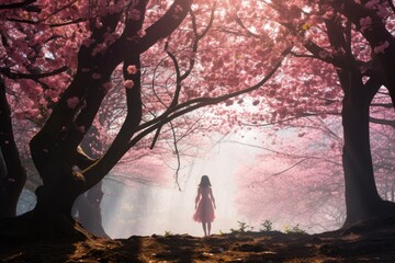 Wall Mural - Graceful woman with long skirt walking in foggy beautiful blooming cherry blossom woods with pink petals in air and on ground in Spring. Spring seasonal concept.