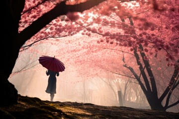 Wall Mural - Graceful woman with long skirt and red umbrella walking in foggy beautiful blooming cherry blossom woods with pink petals in air and on ground in Spring. Spring seasonal concept.