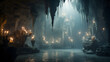 A surreal photograph capturing the intricate formations of a subterranean world, where glistening stalactites dangle like natural chandeliers from the cave's ceiling.