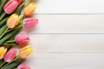 Wall Mural - Tulip with variable colors placed on wood background in Spring. Spring seasonal concept.