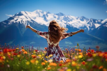 Wall Mural - A beautiful lady open arms enjoy wild flower field in wild with variable colors and snow mountain background in Spring. Spring seasonal concept.