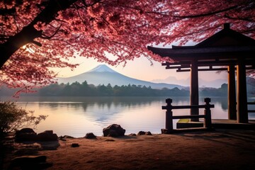 Wall Mural - Mt Fuji and beautiful blooming cherry blossom woods with Japanese temple by lake in Spring. Spring seasonal concept.