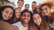 © Oulaphone - Group of friends multiracial young people taking selfie cheerful on Summer vacation together. Happy young people having fun hanging out on city street.