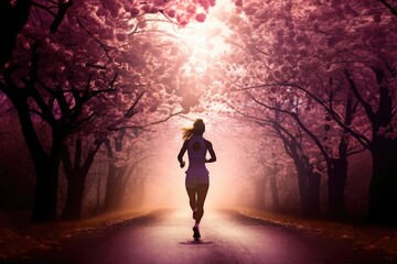 Wall Mural - Athletic woman jogging in beautiful blooming cherry blossom woods with pink petals in air and on ground in Spring. Spring seasonal concept.