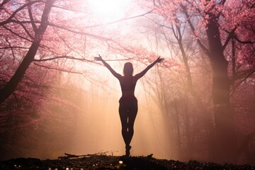 Wall Mural - Athletic woman doing Yoga practice in beautiful blooming cherry blossom woods with pink petals in air and on ground in Spring. Spring seasonal concept.