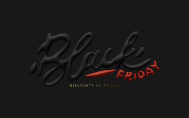 Wall Mural - Black Friday Sale. Realistic 3d lettering black red colors. Sale Promo banner and poster. Text on dark background. vector illustration