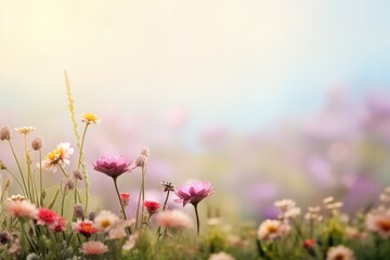 Wall Mural - Wild flower field in wild with variable colors in Spring. Blurred background for text. Spring seasonal concept.