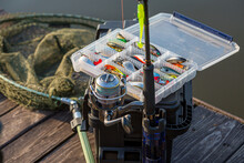 A Large Fisherman's Tackle Box Fully Stocked With Lures And Gear For Fishing.fishing Lures And Accessories. Fishing Spinning. Kit Of Fishing Lures.