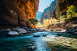 River Between Rock Cliffs - zion national park in utah in dappled sunlight
