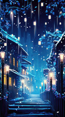 Wall Mural - Night city street with lanterns and falling snow