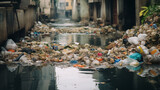 Fototapeta  - Huge plastic decomposable trash in small sewage of big urban city making environmental toxic contamination pollution problem. Household waste dispose management problem concept.