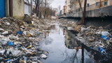 Fototapeta  - Huge plastic decomposable trash in small sewage of big urban city making environmental toxic contamination pollution problem. Household waste dispose management problem concept.